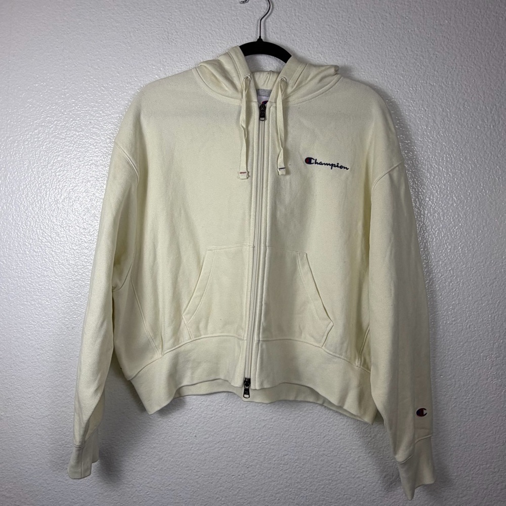 Champion U.S.A. Athletic Ivory Full Zip Hooded Logo Hoodie Women's Loose Size L